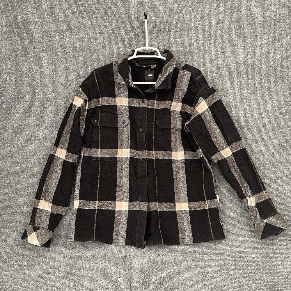 Vans Jacket Shacket Mens Sz XL Beige Black Plaid Full Zip Classic Fit Skater